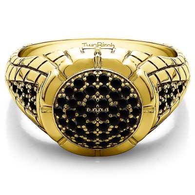 1.35 Ct. Black Stone Domed Men's Ring with Engraved Design in Yellow Gold