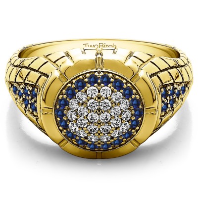 1.35 Ct. Sapphire and Diamond Domed Men's Ring with Engraved Design in Yellow Gold