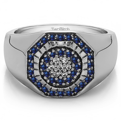 0.48 Ct. Sapphire and Diamond Domed Men's Ring with Engraved Design