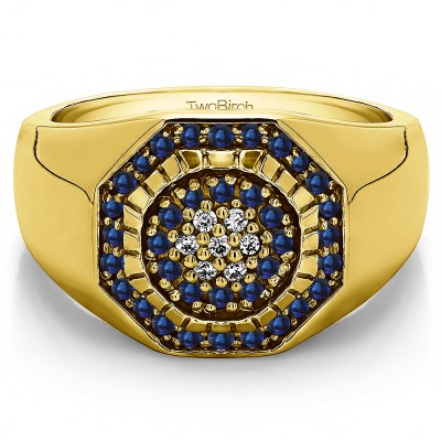 0.48 Ct. Sapphire and Diamond Domed Men's Ring with Engraved Design in Yellow Gold
