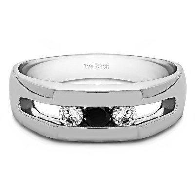 0.27 Ct. Black and White Three Stone Channel Set Men's Ring with Open End Design
