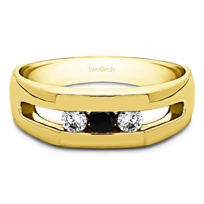 0.27 Ct. Black and White Three Stone Channel Set Men's Ring with Open End Design in Yellow Gold