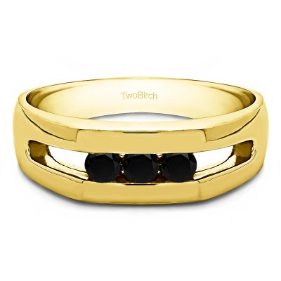 0.27 Ct. Black Three Stone Channel Set Men's Ring with Open End Design in Yellow Gold