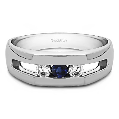 0.27 Ct. Sapphire and Diamond Three Stone Channel Set Men's Ring with Open End Design