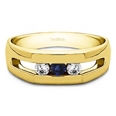 0.27 Ct. Sapphire and Diamond Three Stone Channel Set Men's Ring with Open End Design in Yellow Gold