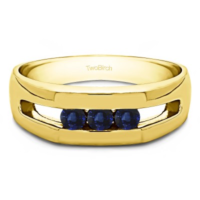 0.27 Ct. Sapphire Three Stone Channel Set Men's Ring with Open End Design in Yellow Gold
