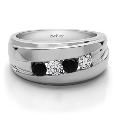 1.4 Ct. Black and White Stone Classic Channel Set Four Stone Men's Wedding Ring
