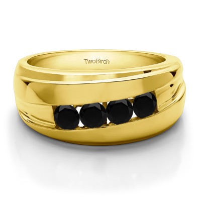 1.4 Ct. Black Stone Classic Channel Set Four Stone Men's Wedding Ring in Yellow Gold