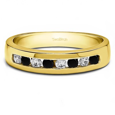 0.48 Ct. Black and White Eight Stone Channel Set Men's Wedding Ring in Yellow Gold