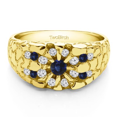 0.71 Ct. Sapphire and Diamond Contemporary Jaw Breaker Style Men's Ring in Yellow Gold