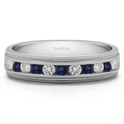 0.27 Ct. Sapphire and Diamond Channel Set Men's Wedding Ring Featuring Millgrain Design