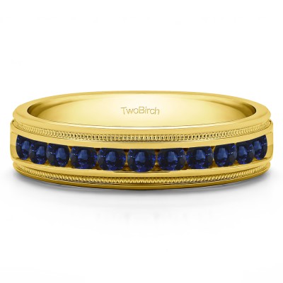 0.99 Ct. Sapphire Channel Set Men's Wedding Ring Featuring Millgrain Design in Yellow Gold