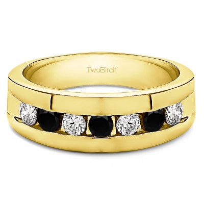 0.49 Ct. Black and White Stone Channel Set Men's Ring with Open End Design in Yellow Gold