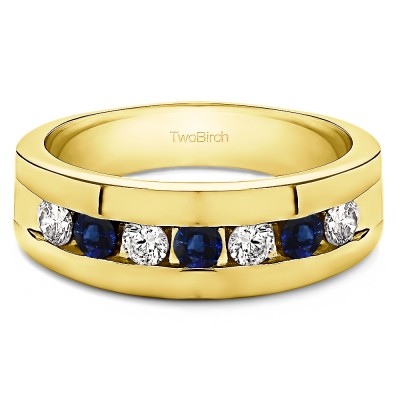 0.98 Ct. Sapphire and Diamond Channel Set Men's Ring with Open End Design in Yellow Gold