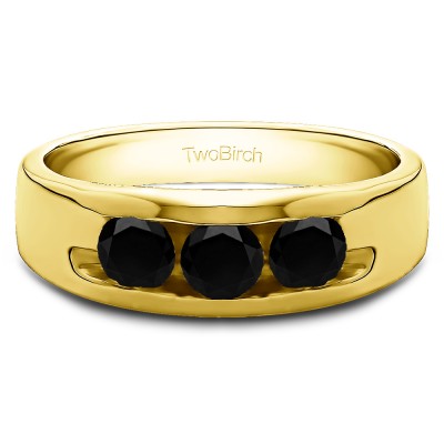 0.99 Ct. Black Three Stone Channel Set Men's Wedding Band in Yellow Gold