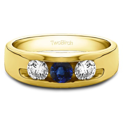 0.33 Ct. Sapphire and Diamond Three Stone Channel Set Men's Wedding Band in Yellow Gold