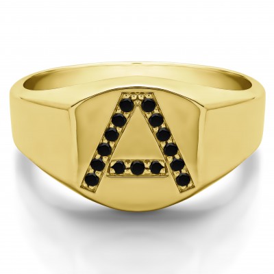 0.1 Ct. Black Stone Personalized Men's Letter Ring Available in A to Z in Yellow Gold
