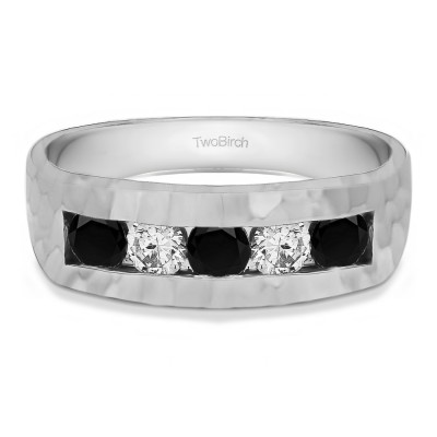 1 Ct. Black and White Five Stone Channel Set Men's Ring with Hammered Finish