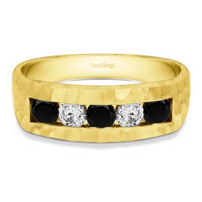 0.75 Ct. Black and White Five Stone Channel Set Men's Ring with Hammered Finish in Yellow Gold