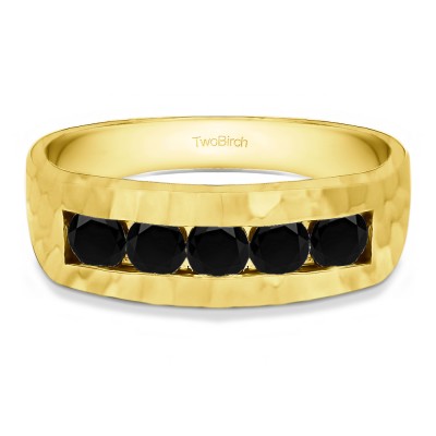 0.5 Ct. Black Five Stone Channel Set Men's Ring with Hammered Finish in Yellow Gold