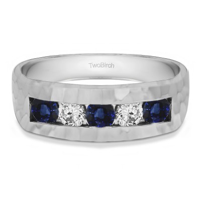 1 Ct. Sapphire and Diamond Five Stone Channel Set Men's Ring with Hammered Finish