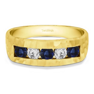 0.5 Ct. Sapphire and Diamond Five Stone Channel Set Men's Ring with Hammered Finish in Yellow Gold