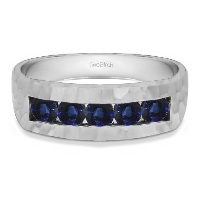 1 Ct. Sapphire Five Stone Channel Set Men's Ring with Hammered Finish