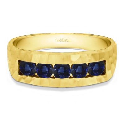 0.75 Ct. Sapphire Five Stone Channel Set Men's Ring with Hammered Finish in Yellow Gold