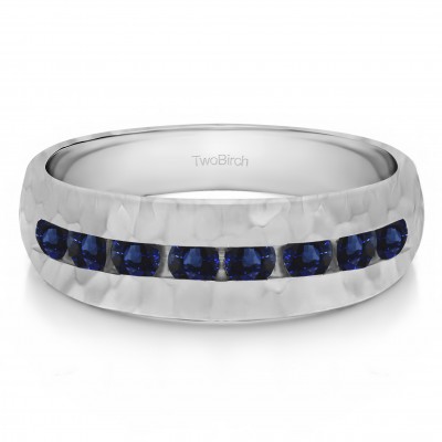 1 Ct. Sapphire Open End Channel Set Men's Wedding Band with Hammered Finish