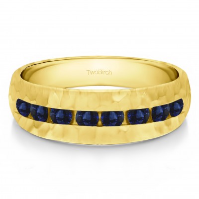1 Ct. Sapphire Open End Channel Set Men's Wedding Band with Hammered Finish in Yellow Gold