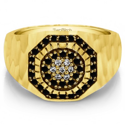 0.48 Ct. Black and White Stone Domed Cluster Men's Ring with Hammered Finish in Yellow Gold