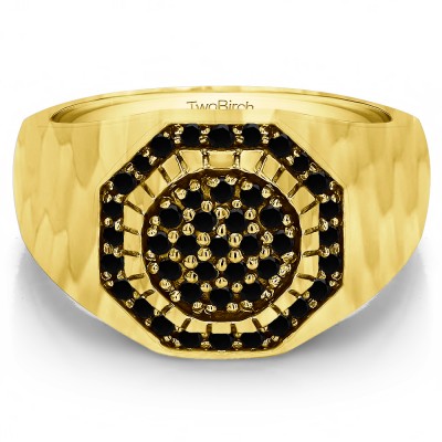 0.48 Ct. Black Stone Domed Cluster Men's Ring with Hammered Finish in Yellow Gold