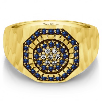0.48 Ct. Sapphire and Diamond Domed Cluster Men's Ring with Hammered Finish in Yellow Gold