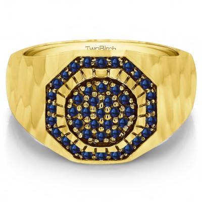 0.48 Ct. Sapphire Domed Cluster Men's Ring with Hammered Finish in Yellow Gold