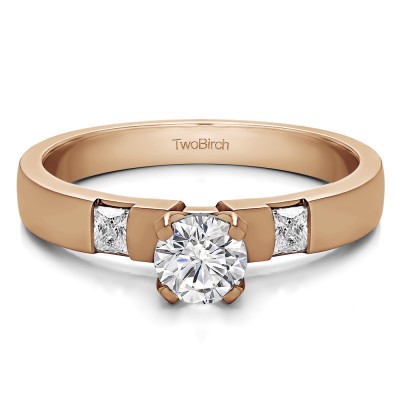 0.47 Ct. Round Three Stone Engagement Ring with Princess Side Stones in Rose Gold