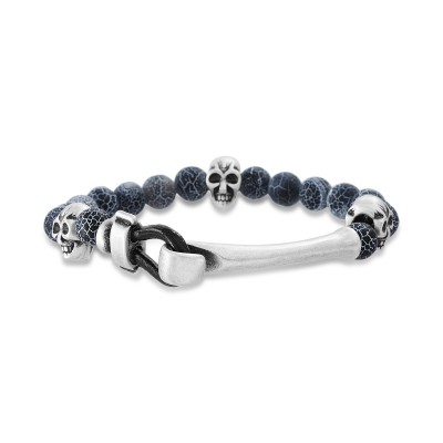 Beaded Agate Men's Bracelet with Bone Shaped Hook Clasp and Skull Beads