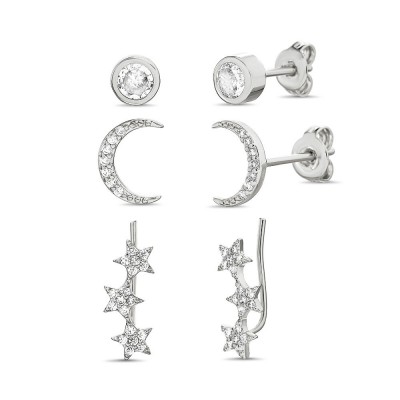 TwoBirch 18k White Gold over Sterling Silver Cubic Zirconia Round Bezel Stud Crescent Moon and Triple Shooting Star Earring Set Trio (THREE PAIRS OF EARRINGS)