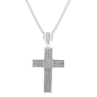 Hip Hop Silver Color Cross Pendant with Crystal Bling on Box Chain Necklace