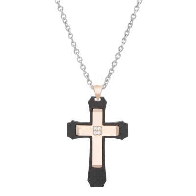 Carbon Fiber Dog Tag Cross with 18k Rose Gold Plated Metal and CZ Center on 24