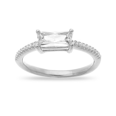 TwoBirch East West Baguette Cut Prong Set Engagement Ring in 18k White Gold Plated Sterling Silver and Cubic Zirconia