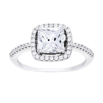TwoBirch Halo Cushion Cut Prong Set Engagement Ring in 18k White Gold Plated Sterling Silver and CZ