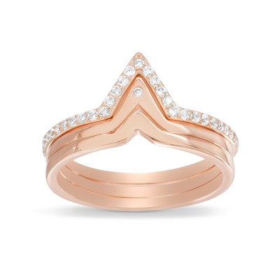 Rose Gold Plated Sterling Silver V Shaped Trio Ring Stack with Cubic Zirconia Chevron Stacking Rings