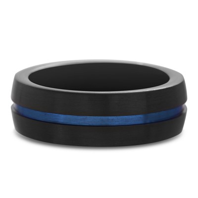 7 MM Wide Men's Thin Blue Line Ring with High Polish Black Stainless Steel and Blue Steel Carbide Center
