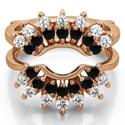 0.98 Ct. Black and White Stone Double Row Halo Sunburst Ring Guard in Rose Gold