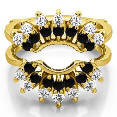 0.98 Ct. Black and White Stone Double Row Halo Sunburst Ring Guard in Yellow Gold