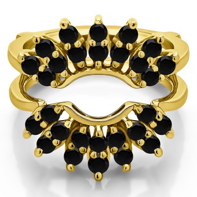 0.98 Ct. Black Stone Double Row Halo Sunburst Ring Guard in Yellow Gold