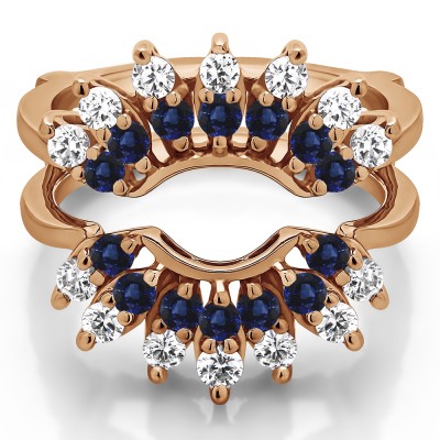 0.98 Ct. Sapphire and Diamond Double Row Halo Sunburst Ring Guard in Rose Gold