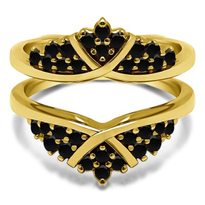 0.52 Ct. Black Stone X Bypass Triple Row Anniversary Ring Guard in Yellow Gold