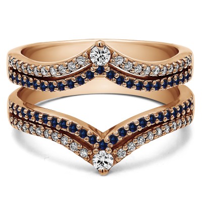 1.52 Ct. Sapphire and Diamond Double Row Chevron Anniversary Ring Guard in Rose Gold