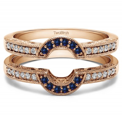0.21 Ct. Sapphire and Diamond Filigree Millgrained Vintage Halo Ring Guard in Rose Gold
